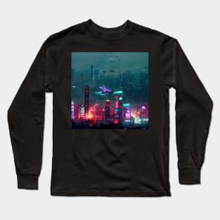 Flight Zone - Cyberpunk Cityscape Skyline Long Sleeve T-Shirt